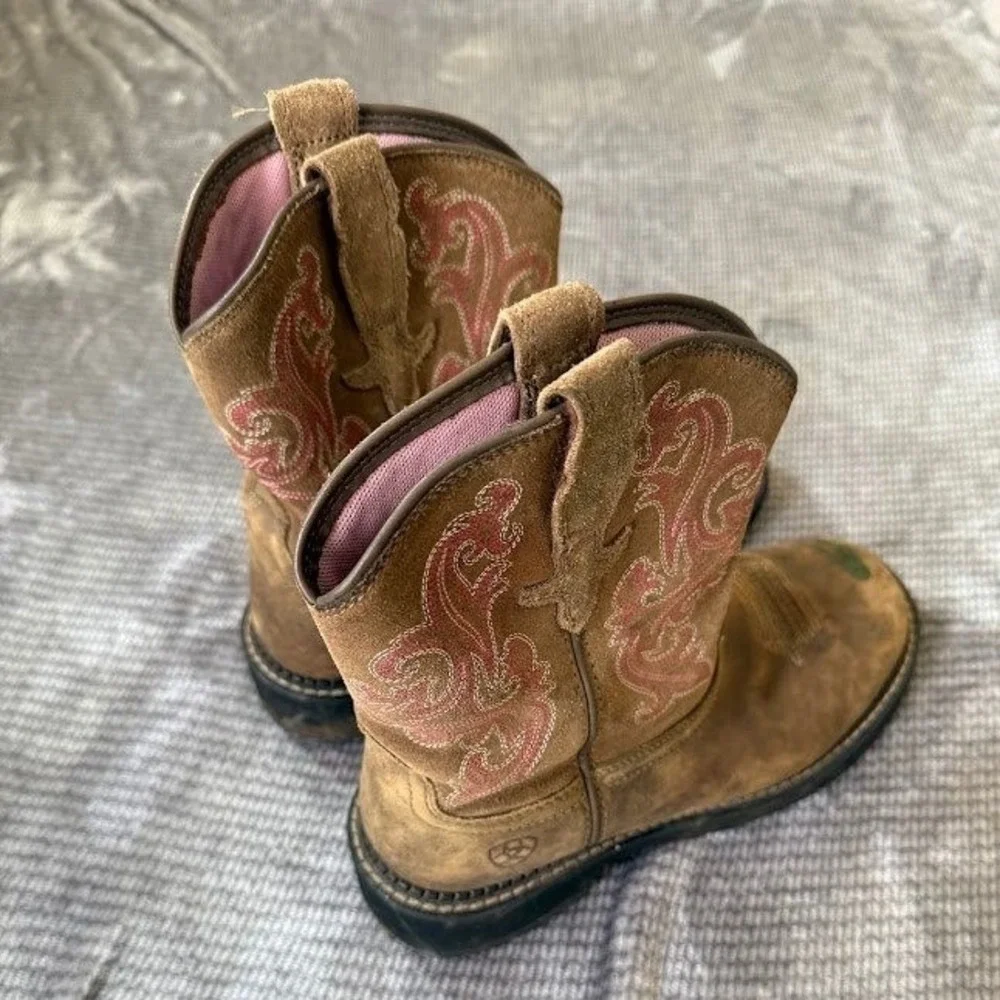 Ariat Girls Fatbaby Brown Leather Pink Embroidery Western Cowboy Boots Round Toe